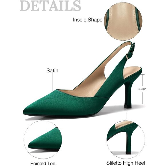 Women's Satin Green Faux Leather Pointed Toe Slingback Stylish Buckle Pump Shoes - Picture 6 of 6
